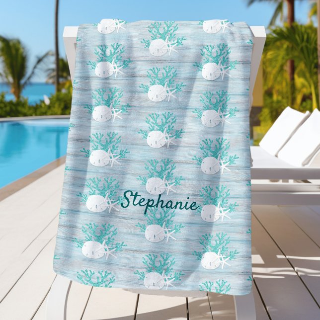Serviette De Plage Plage Sable de bois Dollar Starfish Aqua Parties s (Créateur téléchargé)