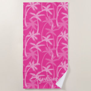 Serviette De Plage Plage tropicale Palmier rose chaud Monogramme