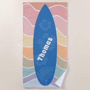 Serviette De Plage Planche de surf Blue Hawaii sur vagues pastel