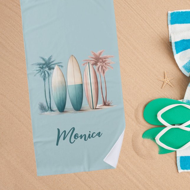 Serviette De Plage Planches de surf palmiers rétro sauge vert (Créateur téléchargé)