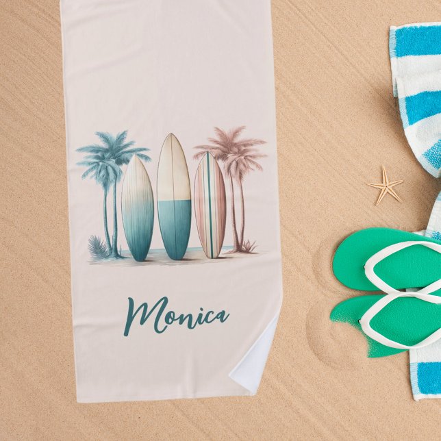 Serviette De Plage Planches de surf palmiers rétro vert jaune (Créateur téléchargé)