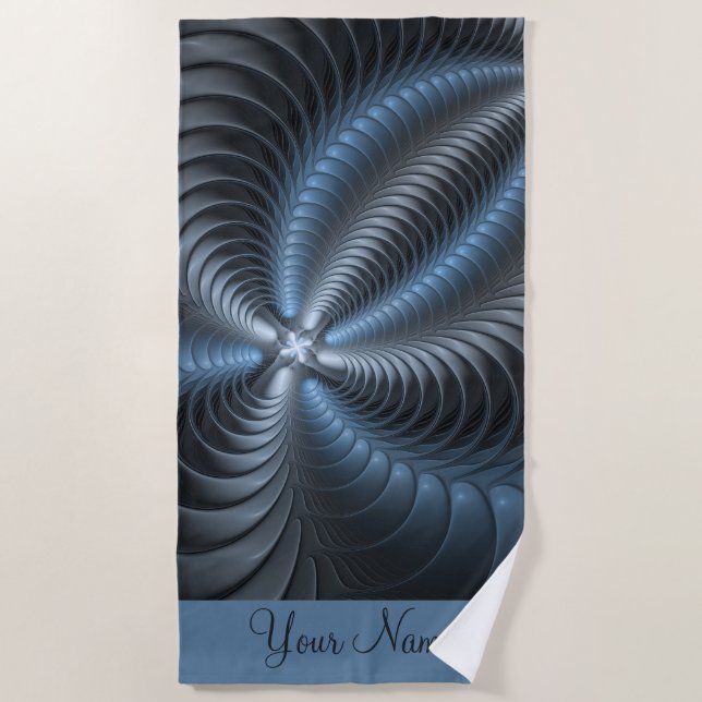 Serviette De Plage Plastique bleu gris 3D fractal moderne Nom Abstrai (Devant)