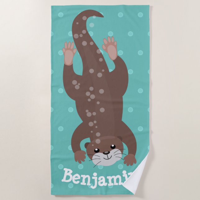 Serviette De Plage Plongée de loutre mignonne sur dessin animé turquo (Devant)