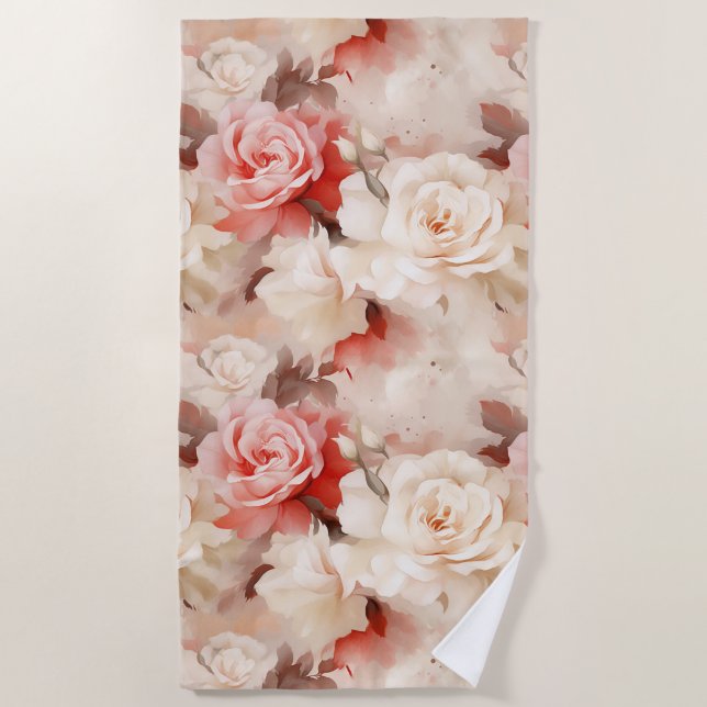 Serviette De Plage Plutôt rose Crème Bleue Rose Floral (Devant)