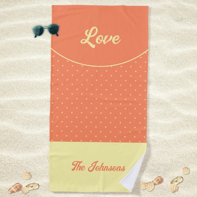 Serviette De Plage Poche Mi-Siècle Jaune Points Rétro Été Amour (Love Peach Retro Dots Yellow Mid Century 50s 60s Beach Towel ©Susanne Sachers - Sunny Mind Design)