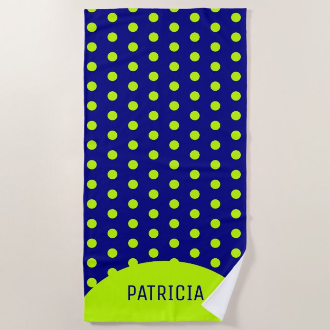 Serviette De Plage Point Polka bleu marine et vert citron personnalis (Devant)