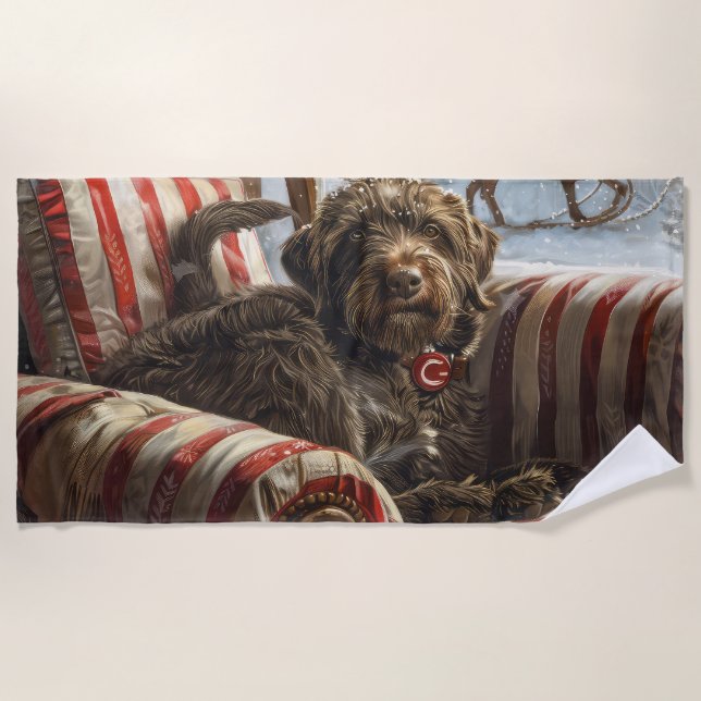 Serviette De Plage Pointeur à poils durs Griffon Chien Festif de Noël (Devant)