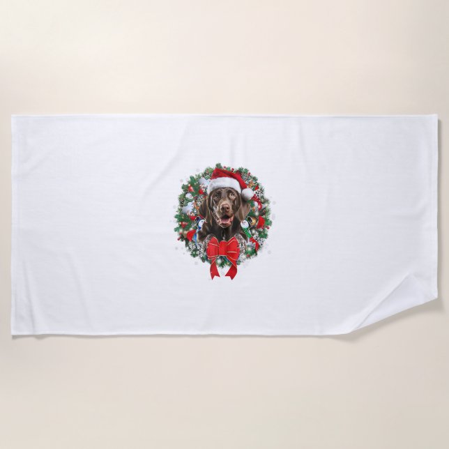 Serviette De Plage Pointeur court allemand Décora de couronne de Noël (Devant)