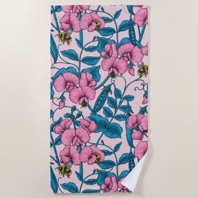 Serviette De Plage Pois doux et bourdons, rose et bleu (Devant)