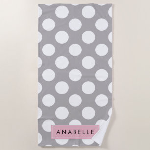 Serviette De Plage Pois gris, Motif Pointe Polka, Votre Nom