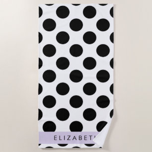 Serviette De Plage Pois noirs et blancs, pointillés, Votre nom