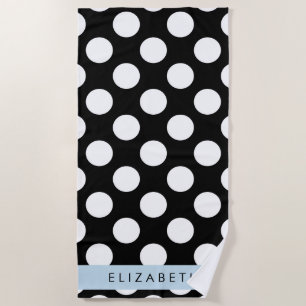 Serviette De Plage Pois noirs et blancs, pointillés, Votre nom