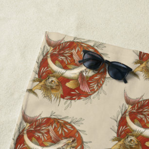 Serviette De Plage Poisson volant japonais vintage et Bambou Art Feui