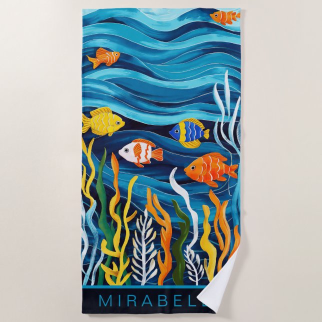 Serviette De Plage Poissons tropicaux et vagues bleues sur mesure (Devant)
