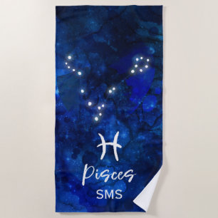 Serviette De Plage Poissons Zodiac Constellation Bleu Galaxie Monogra