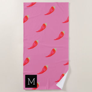 Serviette De Plage Poivrons rouges à l'aquarelle initiale rose