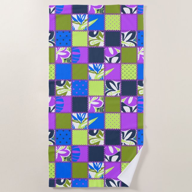 Serviette De Plage Pokii Hawaiian Floral et Patchwork Dot Purple (Devant)