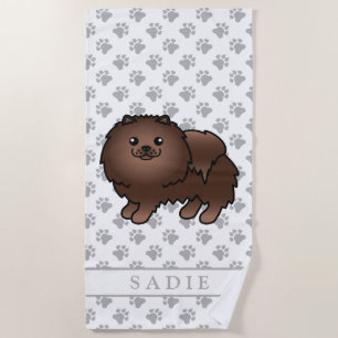 Serviette De Plage Pomeranian Brun Mignon Chien de Dessin Animé & Nom