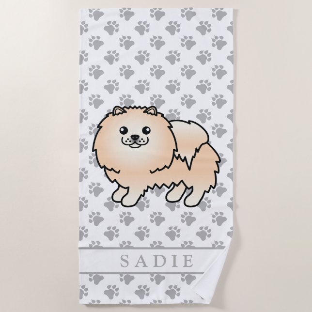 Serviette De Plage Pomeranian Crème Mignon Chien de Dessin Animé & No (Devant)