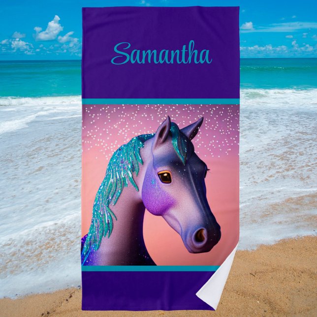 Serviette De Plage Pony magique en violet et Turquoise avec nom perso (Créateur téléchargé)