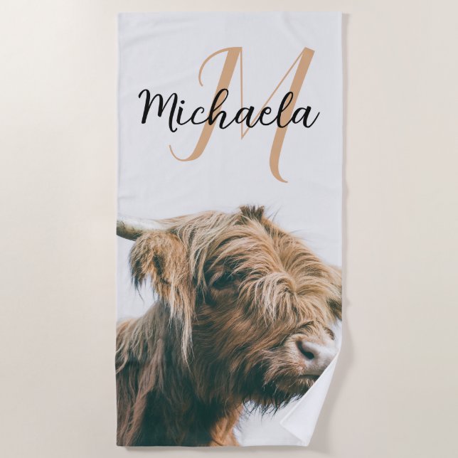 Serviette De Plage Portrait de vache Highland nom personnalisé monogr (Devant)