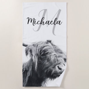 Serviette De Plage Portrait de vache Highland premier monogramme noir