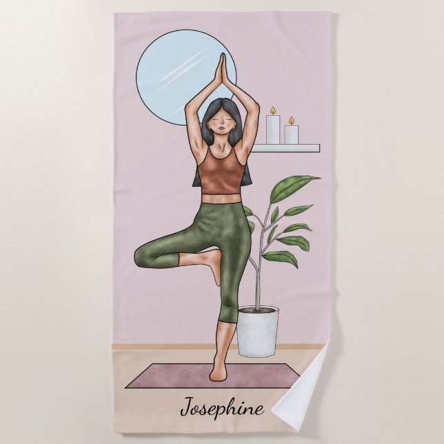 Serviette De Plage Pose Arbre Yoga Vrikshasana Femme Avec Nom Personn (Devant)