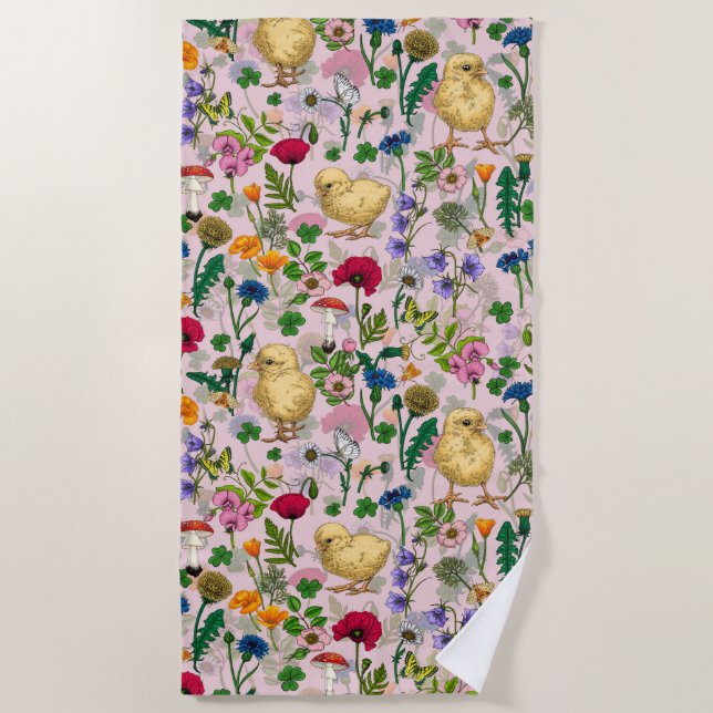 Serviette De Plage Poulets et fleurs sauvages sur coton bonbon rose (Devant)