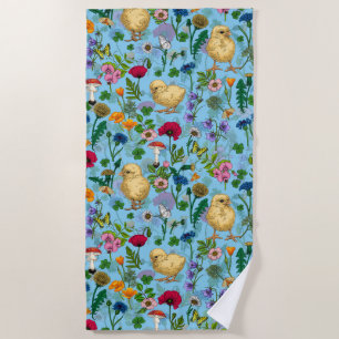 Serviette De Plage Poulets et fleurs sauvages sur le bleu bébé