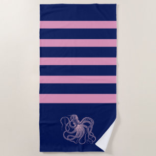Serviette De Plage poulpe rose avec rayures bleues et roses