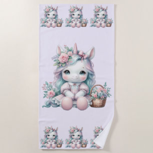 Serviette De Plage Poupée Licorne Kawaii Pastel avec Panier de Fleurs