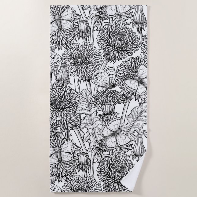 Serviette De Plage Pré Dandelion en noir et blanc (Devant)