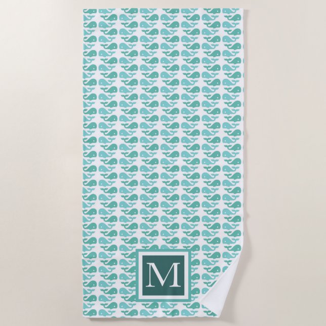 Serviette De Plage Preppy Green Whale Monogram Beach Towel (Devant)