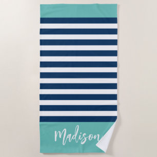 Serviette De Plage Preppy Nautical Stripe Navy Turquoise Calligraphie