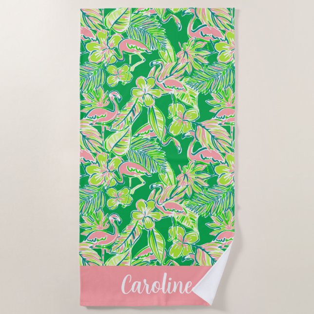 Serviette De Plage Preppy Palm Beach Flamant rose vert rose Personnal (Devant)