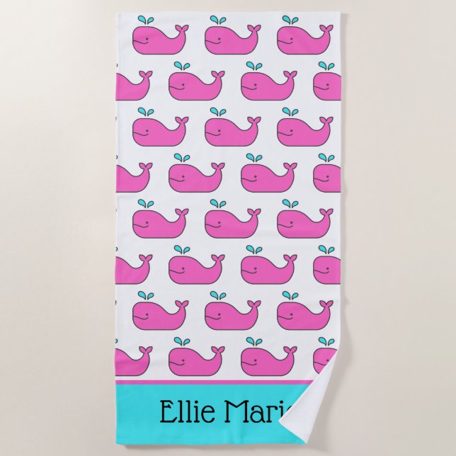 Serviette De Plage Preppy Pink and Aqua Whales Personnalisé (Devant)