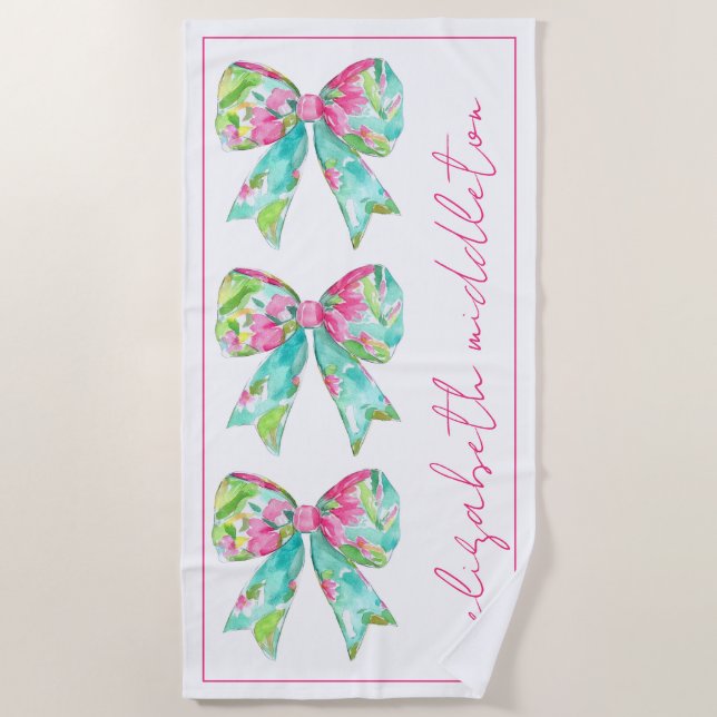 Serviette De Plage Préppy - Vaches rose et verte personnalisée (Devant)