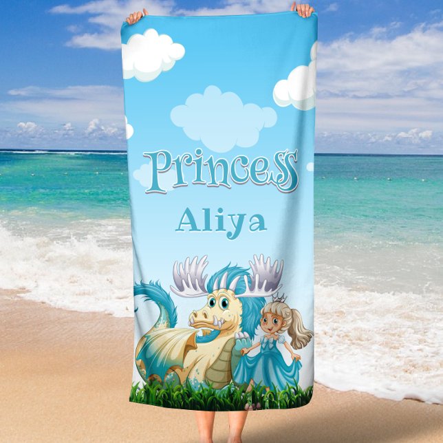Serviette De Plage Princesse bleue et Dragon Nom personnalisé (Blue Princess and Dragon Custom Name Beach Towel)