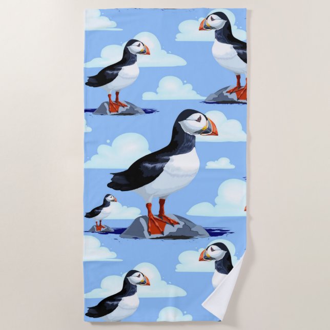 Serviette De Plage Puffin Cute Oiseau de mer Atlantique (Devant)