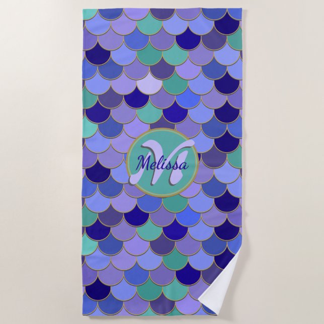 Serviette De Plage Purple & Aqua Turquoise Sirène Nom + Monogramme (Devant)