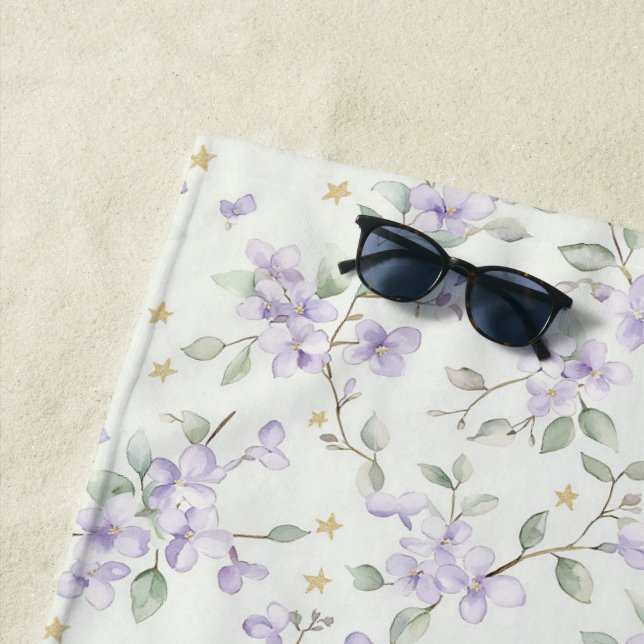 Serviette De Plage Purple Flowers Gold Stars Moons (En situation)