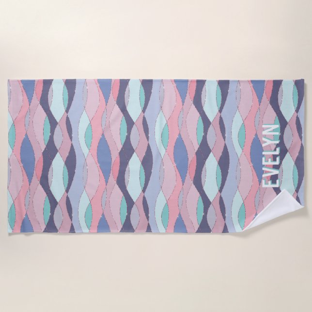 Serviette De Plage Purple Pink Aqua Wavy Nom personnalisé (Devant)