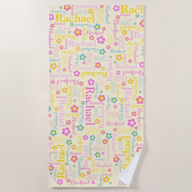 Serviette De Plage Rachel fleurs nom typographique jaune rose (Devant)