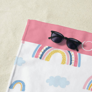 Serviette De Plage Rainbow Pink Blue Yellow Monogramme Nom Fille