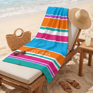 Serviette De Plage Rayures bleu ciel personnalisé rose orange blanc