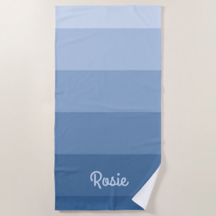Serviette De Plage Rayures bleues de gradient simple avec le nom fait