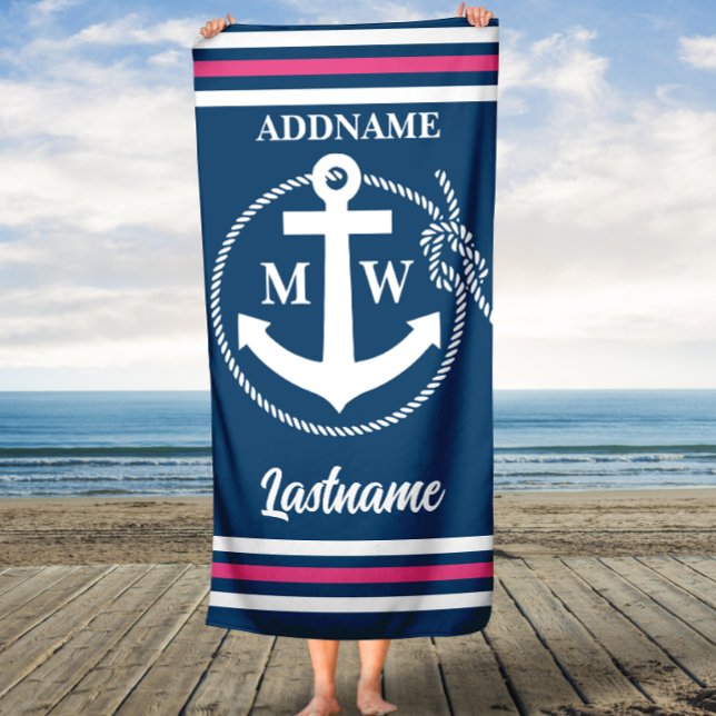 Serviette De Plage Rayures de corde et Monogramme Ancre (Créateur téléchargé)