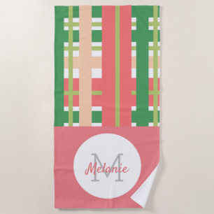 Serviette De Plage Rayures de pastèque à carreaux monogramme vertical