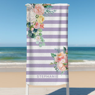 Serviette De Plage Rayures Nautiques Floral Aquarelle Lilas Nom