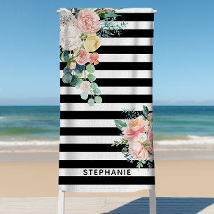Serviette De Plage Rayures Nautiques Floral Aquarelle Nom Noir